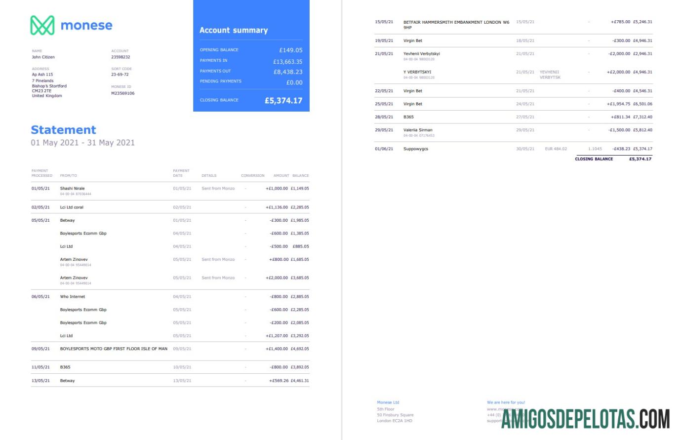 Modelo de extrato bancário Monese do Reino Unido para download em formato Word e PDF, 2 páginas